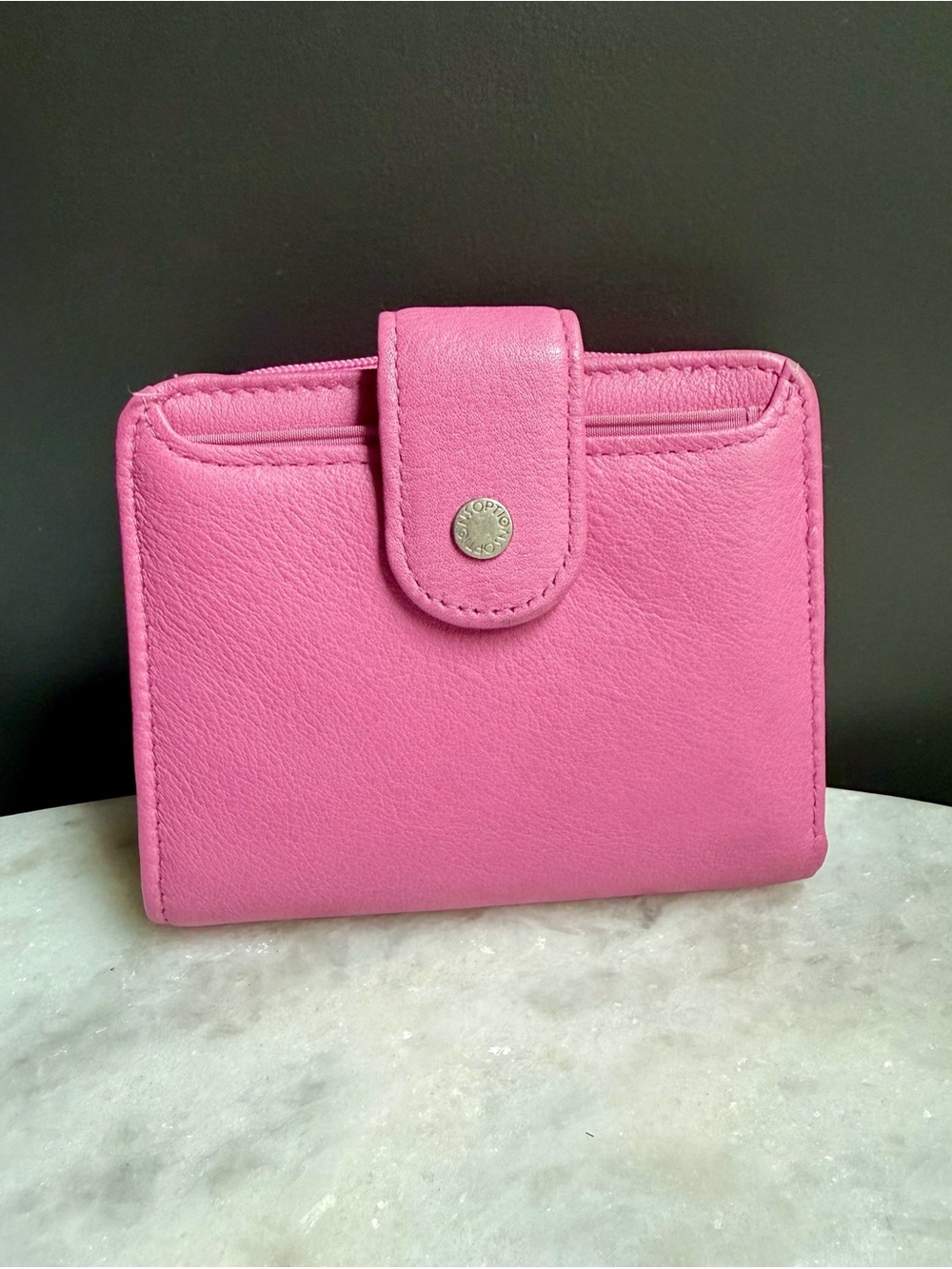 Fuchsia Hot Pink Genuine Leather Compact Bifold Wallet Snap Closure Vintage